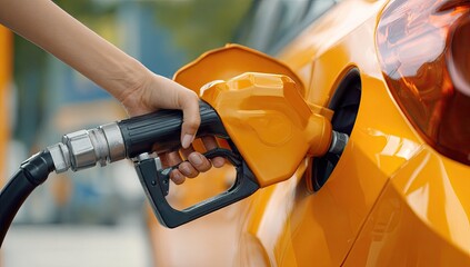 Close-up of a person's hand refueling an orange vehicle at a station