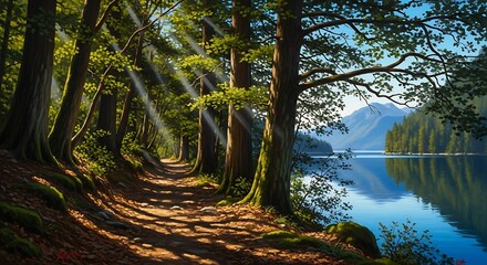 Sunlight filtering through a dense forest onto a winding path beside a calm lake with mountains in the distance.