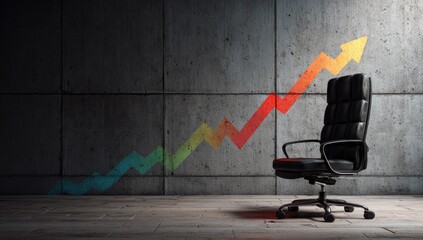 Office chair sits in stark room with rising arrow graphic on concrete wall