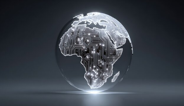 Glowing digital planet Earth with illuminated circuit board continents on dark background - Powered by Adobe