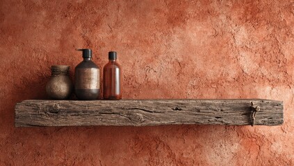 Rustic wooden shelf displays vintage bottles and a small clay pot