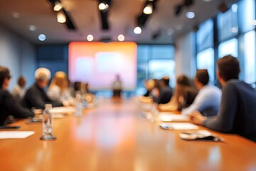 Blurred meeting with people seated around a conference table and a presentation screen