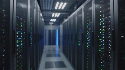 Close-up shot of server racks with blinking lights, cables, and hardware, symbolizing data centers, network infrastructure, technology, and high-performance computing. - Powered by Adobe