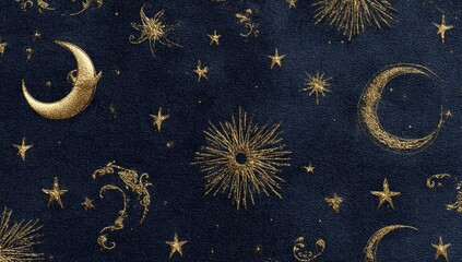 Celestial gold crescent moons and sparkling stars on deep navy textured background