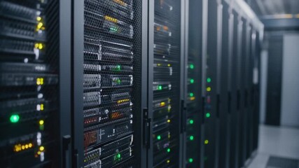 Close-up shot of server racks with blinking lights, cables, and hardware, symbolizing data centers, network infrastructure, technology, and high-performance computing. - Powered by Adobe