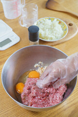 豚ひき肉で作るハンバーグ｜豚ひき肉とパン粉と生卵と玉ねぎ