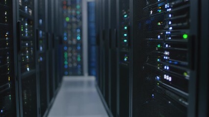 Close-up shot of server racks with blinking lights, cables, and hardware, symbolizing data centers, network infrastructure, technology, and high-performance computing. - Powered by Adobe