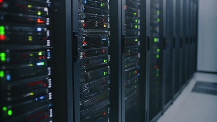 Close-up shot of server racks with blinking lights, cables, and hardware, symbolizing data centers, network infrastructure, technology, and high-performance computing. - Powered by Adobe