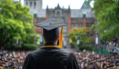 Graduate in cap and gown faces crowd and grand building