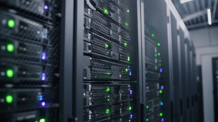 Close-up shot of server racks with blinking lights, cables, and hardware, symbolizing data centers, network infrastructure, technology, and high-performance computing. - Powered by Adobe
