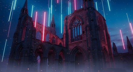 Old gothic architecture ruins illuminated by neon light rain