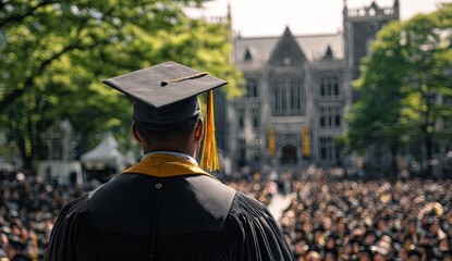 Graduate in cap and gown faces crowd at commencement before grand building