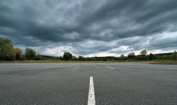 Empty asphalt lot under dramatic, stormy, overcast sky