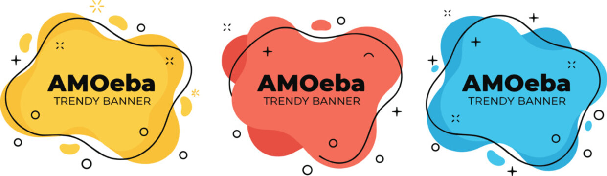 A set of three modern abstract liquid banners with organic amoeba shapes in yellow red and blue featuring trendy geometric design elements on white.