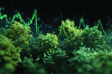 Digital green graph overlaying a lush forest landscape