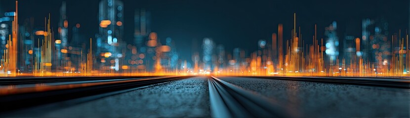 Futuristic cityscape with glowing lights on a wet surface