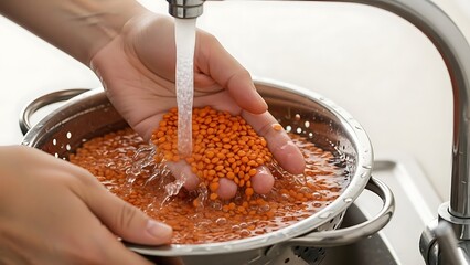 Close up of hands rinsing red lentils in colander under flowing tap water
