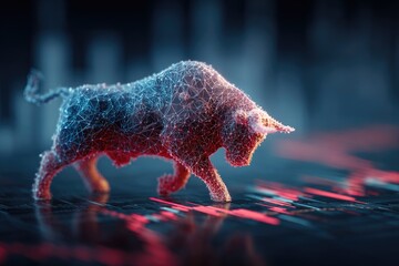 A stylized bull sculpture made of glowing lines stands on a digital stock chart