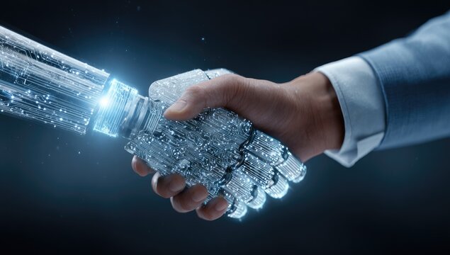 Human and robot handshake, representing future collaboration, innovation, and technology