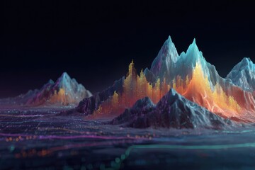 Abstract digital landscape with glowing mountain peaks and circuits