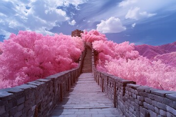 Ancient stone pathway winds through vibrant pink trees under a blue sky