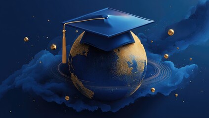 A graduation cap rests atop a celestial globe adorned with gold