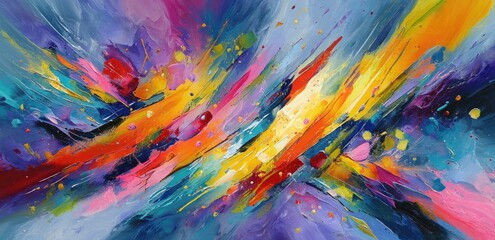 Vibrant abstract explosion of energetic brushstrokes and paint splashes in bold colors