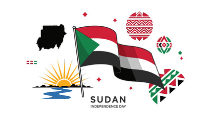 Illustration of the Sudanese flag waving with geometric patterns and a map of Sudan on a white background, celebrating Sudan Independence Day.