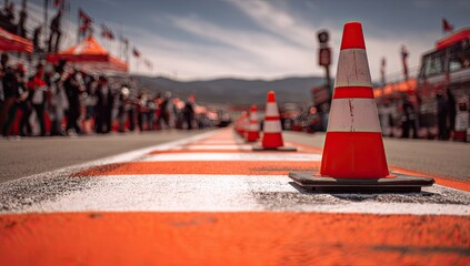 Orange and white cones line a track with spectators in the background