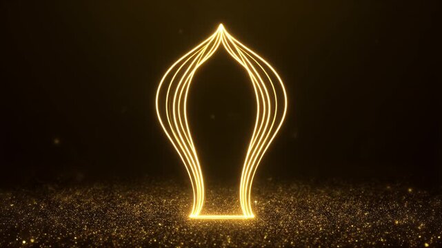 Golden outline of an elegant sacred arch or mosque dome shimmering with sparkling particles on a dark background