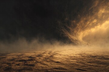 Dramatic storm clouds gather over a dusty, windswept barren landscape
