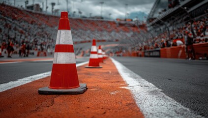 Red and white traffic cones line a race track with blurred grandstands in background