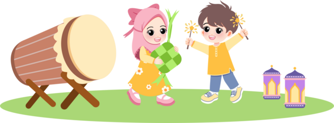 Children Celebrating and greeting ramadan and eid mubarak with Drum and Lanterns in a Park