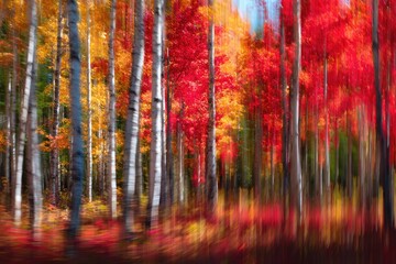 Blurring motion effect on vibrant autumn trees in a forest