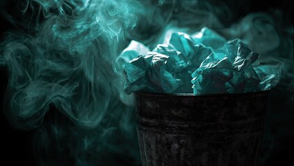 Crumpled paper in a dark bin, shrouded in teal smoke