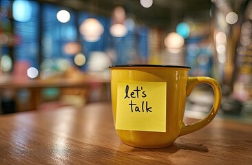 Bright yellow mug with "let's talk" message on a sticky note