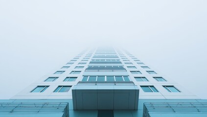 Low angle view of a tall building disappearing into a foggy sky