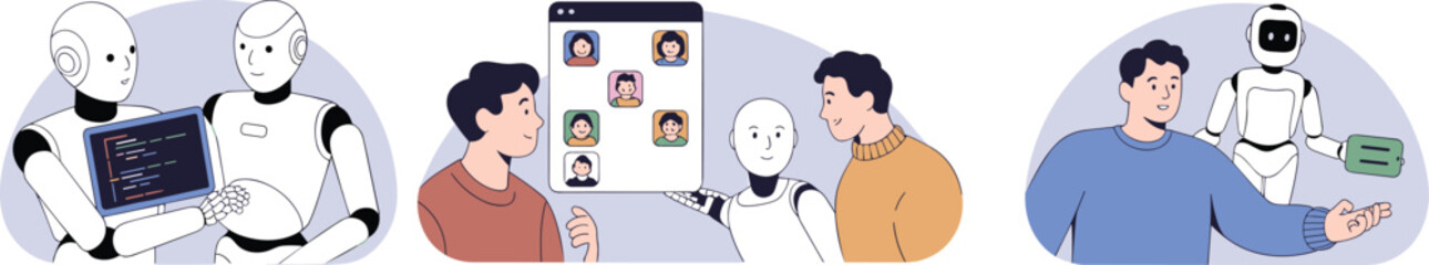 Obraz premium Humanoid robots interacting with humans in digital, financial, and communication environments showcasing AI assistance, technology, and futuristic lifestyle concepts