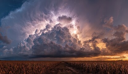 Dramatic lightning illuminates massive, textured storm clouds over a dry field