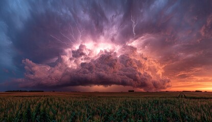 Dramatic storm clouds illuminated by lightning over a vast cornfield at dusk
