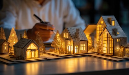 Illuminated miniature wooden houses create a charming, cozy village at night