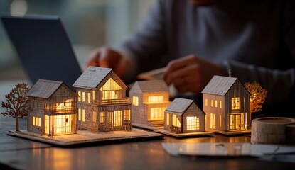 Miniature illuminated houses arranged with a person working on a laptop