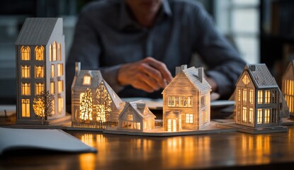 Illuminated architectural models of houses on a table, a person's hands visible
