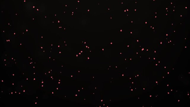 Glowing red hearts drift upwards against a dark, atmospheric background