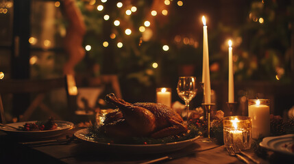 Festive image of a holiday dinner featuring a glazed roast chicken centerpiece, rustic candles, and soft twinkle lights in the background creating a cozy Christmas atmosphere 
