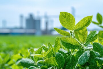 Lush green foliage in a field with an industrial complex in the background