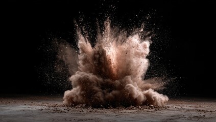 A powerful cloud of brown dust explodes upwards against a dark background