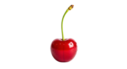 Single ripe red cherry with green stem and water droplets on black fruit isolated, Isolated On Png Transparent Background