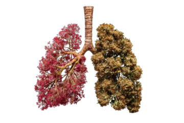 Stylized lungs showing healthy red and diseased brown lobes