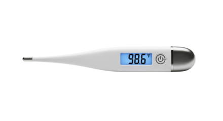 White digital thermometer displaying 98.6 degrees Fahrenheit on blue screen image, Isolated On Png Transparent Background